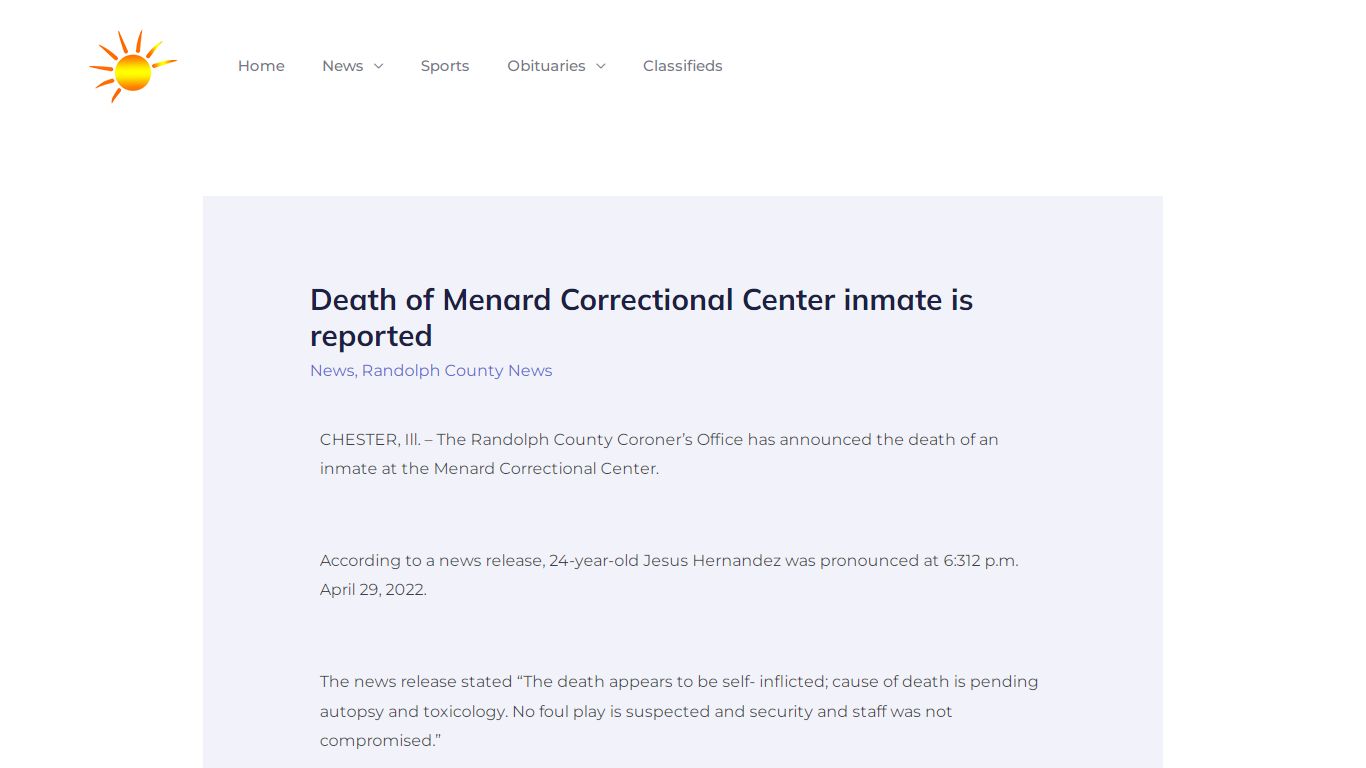 Death of Menard Correctional Center inmate is reported